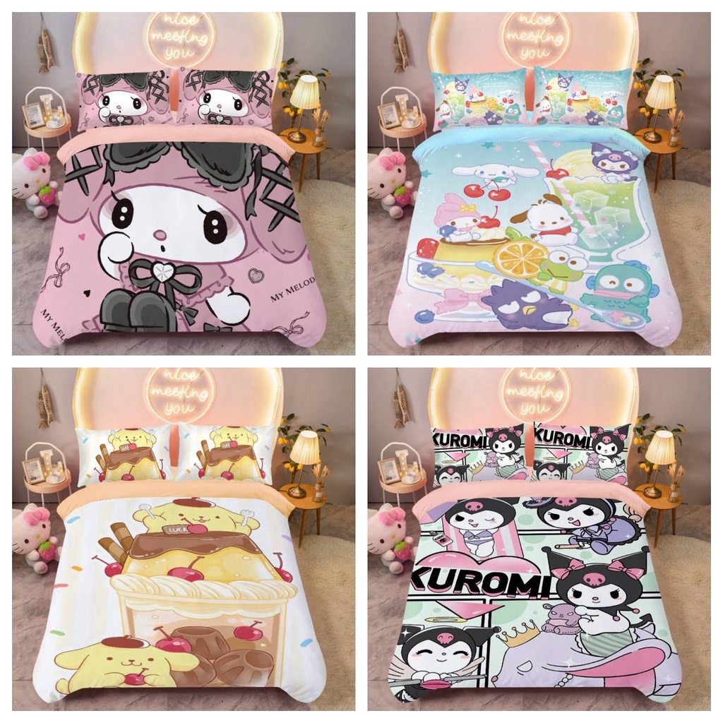 Ys Sanrio Purin Melody Kuromi 3in1 ชุดเครื่องนอน ผ้าปูที่นอน ผ้าห่ม ผ้านวม ห้องนอน ของขวัญสําหรับเด็ก