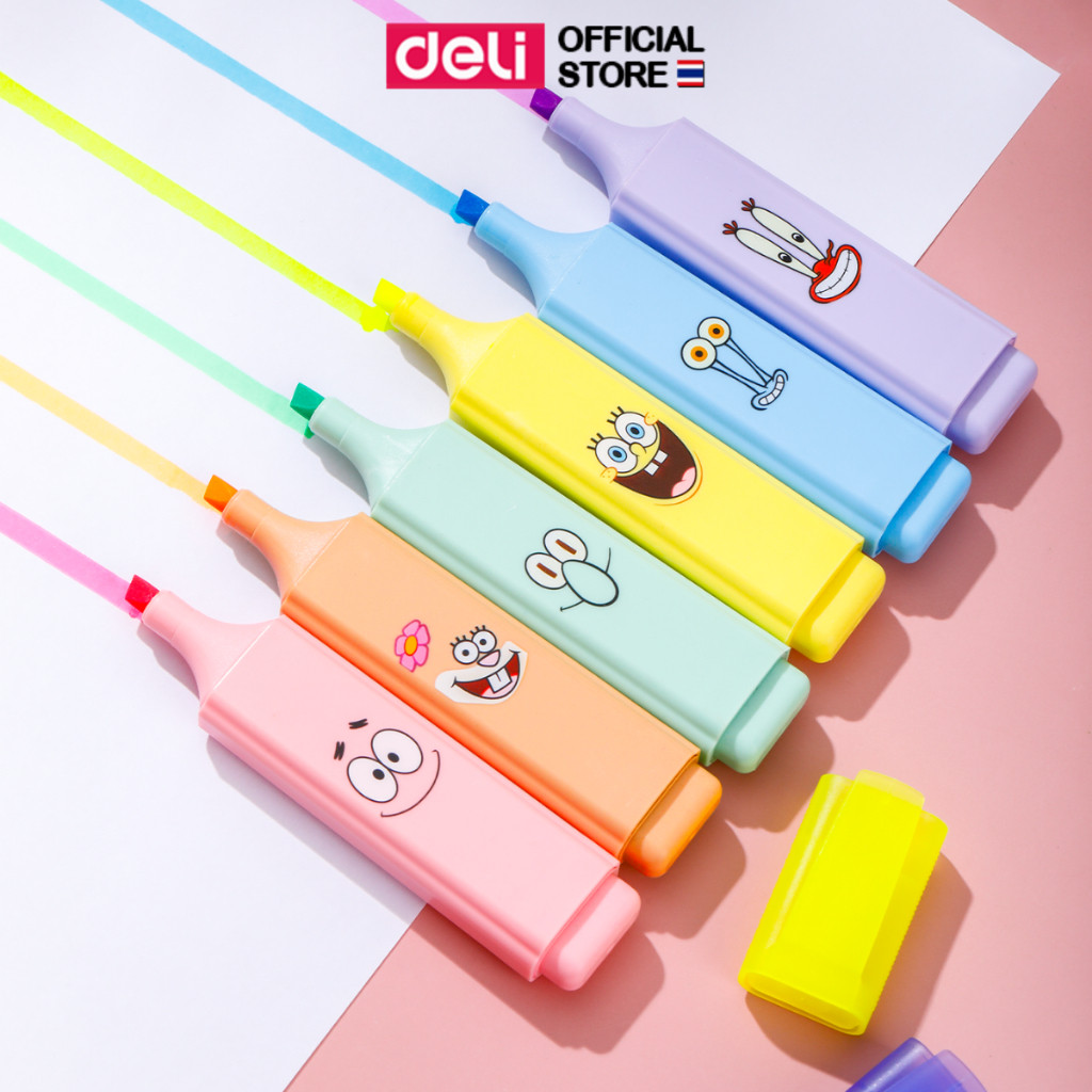 (Spongebob X Deli) ชุดปากกาไฮไลท์ 6 สี Deli รุ่น U375 หัวตัด เน้นข้อความ (1ชุด/6สี)(จำหน่าย 1 ชุด)