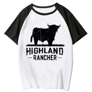 Highland เสื้อยืด พิมพ์ลายมังงะวัว สไตล์ญี่ปุ่น ฮาราจูกุ สําหรับผู้หญิง y2k 2000s