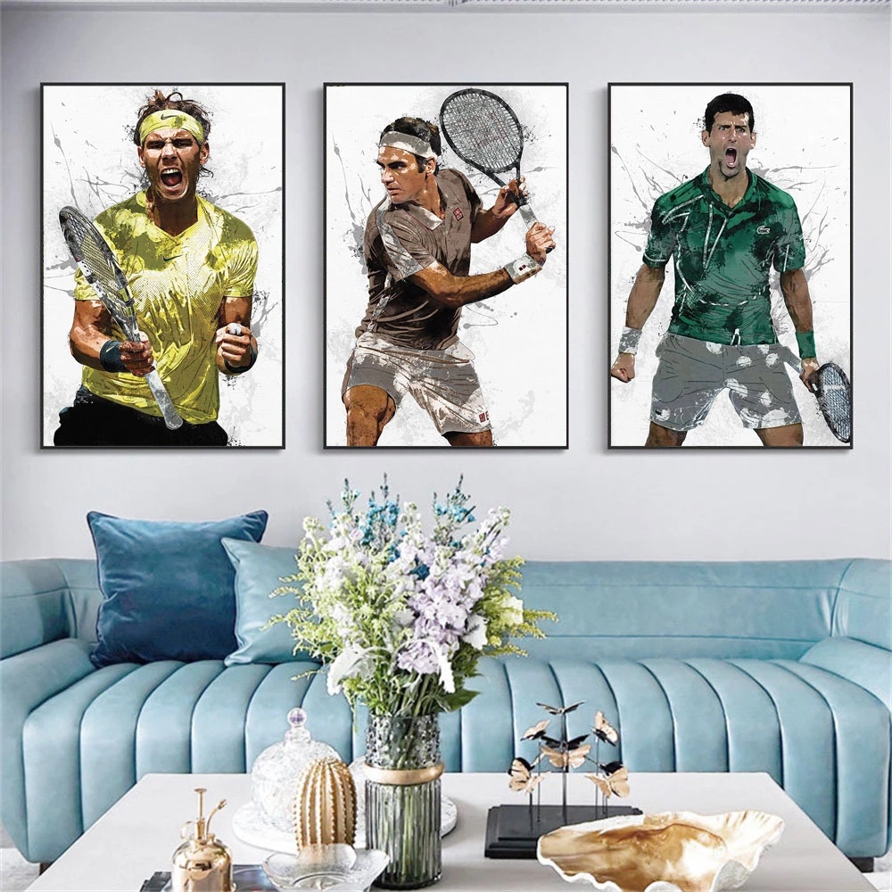 Roger Federer, Rafael Nadal, Novak Djokovic โปสเตอร์ และภาพพิมพ์ ผ้าใบ ลายเทนนิส สําหรับตกแต่งผนังห้