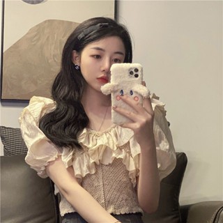 เสื้อครอปแขนสั้น คอวี เข้ารูป แต่งระบาย สําหรับผู้หญิง