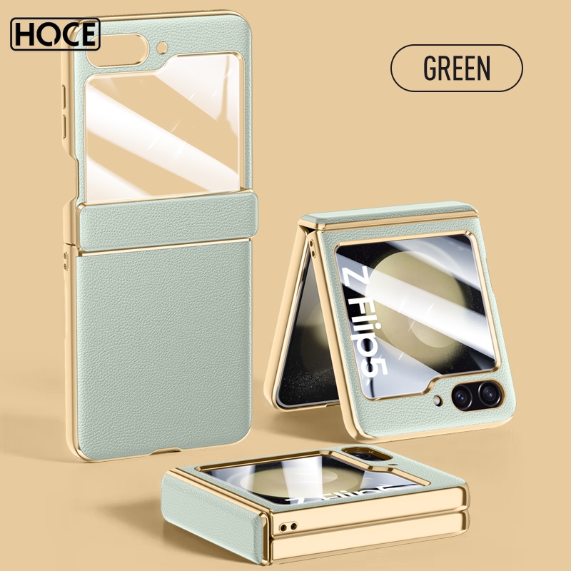 HOCE ZFlip7 3in1 หรูหราชุบหนังเคสโทรศัพท์สําหรับ Samsung Galaxy zflip6 Flip5 5G พร้อมหน้าจอฟิล์มแก้วบานพับป้องกันกันกระแทกปลอก