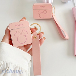 เคสหูฟัง TPU หนัง PU นิ่ม ทรงสี่เหลี่ยม ลายการ์ตูนมิกกี้ มินนี่เมาส์น่ารัก สีชมพู พร้อมสายคล้อง กันหาย สําหรับ Airpods Pro 2 3 1