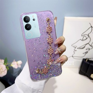 ใหม่ เคสโทรศัพท์มือถือ ซิลิโคนนิ่ม ปิดด้านหลัง ลายดอกพลัม ประดับกลิตเตอร์ดาว พร้อมสายข้อมือเพชร สําหรับ VIVO V29 5G VIVO V29e V29 Pro Y27 Y78 Y36 5G 4G 2023 V29 5G