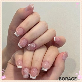 Borag เล็บปลอม ไข่มุก ประกายสีฟ้า ถอดออกได้ รูปหัวใจ สีฟ้า สีขาว สไตล์ฝรั่งเศส สําหรับร้านเสริมสวย