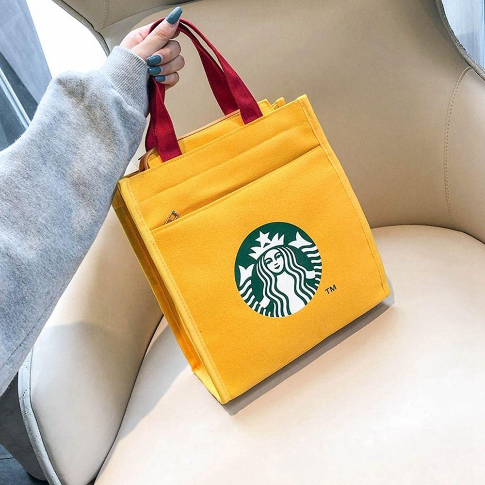 เจรีมี1 กระเป๋าผ้าใบสตาร์บัคส์,พิมพ์กาแฟกระเป๋าผ้าใบกระเป๋าถือ,กระเป๋ามัมมี่ลําลองสไตล์เกาหลีถุงอาหารกลางวันถังกระเป๋าเดินทา