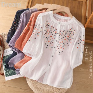 Young temperament colorful polka dot embroidered mid-sleeved shirt womens summer thin breathable Ramie shirt seven-quarter sleeve shirt