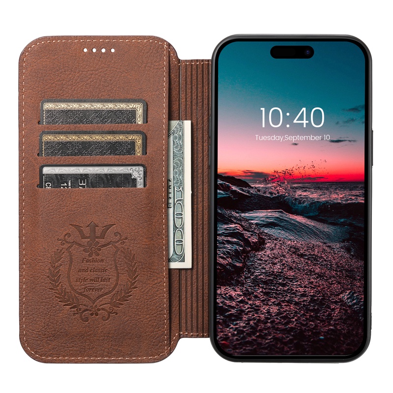 เคสโทรศัพท์มือถือหนัง ฝาพับ พร้อมช่องใส่บัตร สไตล์เรโทร สําหรับ iPhone 15 14 13 Pro Max