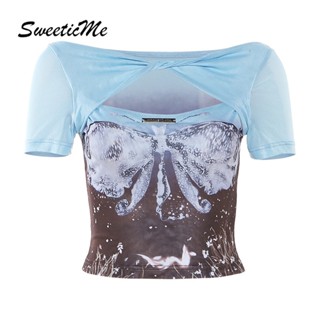 Sweeticme ใหม่ เสื้อยืดลําลอง เปิดไหล่ เข้ารูป พิมพ์ลาย เซ็กซี่ เข้ากับทุกการแต่งกาย แฟชั่นสําหรับสตรี 2023