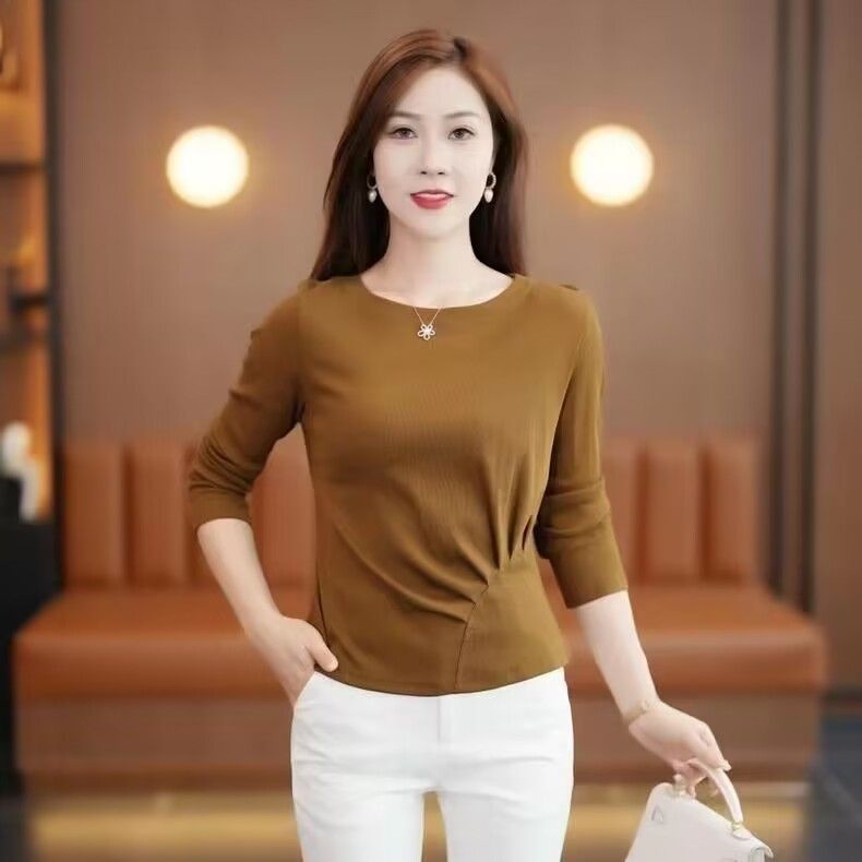 เสื้อยืดแฟชั่นสุภาพสตรีแขนยาวด้านบนต้นฤดูใบไม้ร่วงเสื้อผ้าผู้หญิง