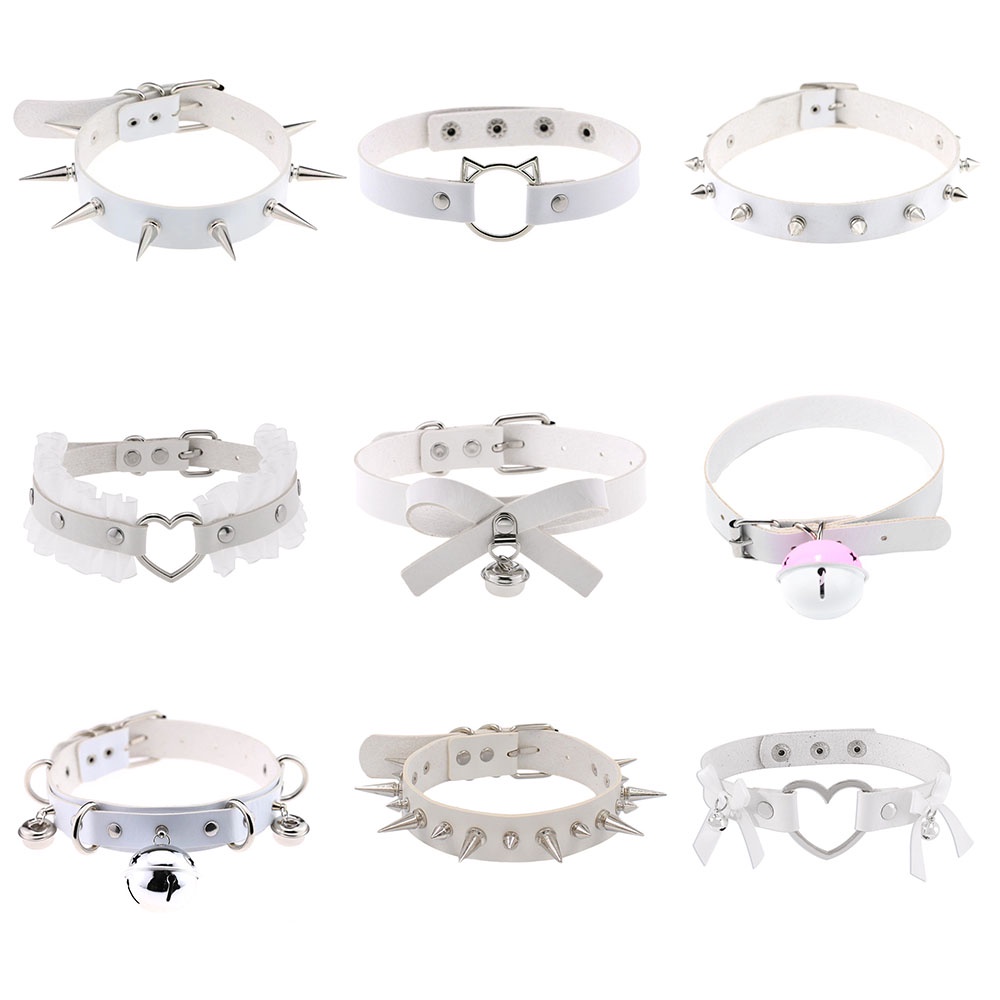 Harajuku สีขาว PU หนัง Choker สร้อยคอผู้หญิง Rivet Bowknot Bell จี้สร้อยคอเครื่องประดับ
