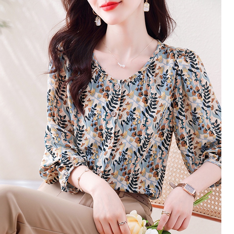 เสื้อเชิ้ตแขนพัฟลําลอง ผ้าชีฟอง ลายดอกไม้ ทรงหลวม เข้ากับทุกการแต่งกาย สไตล์เรโทร พลัสไซซ์