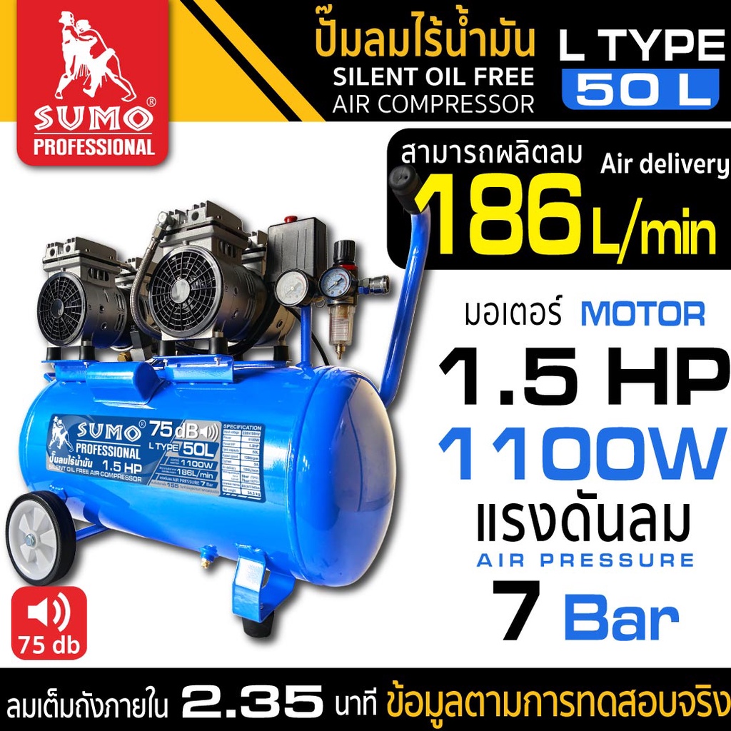 SUMO ปั๊มลมไร้น้ำมัน L Type 50L แรงดันลม 7 บาร์ ผลิตลมได้ 186 L/min