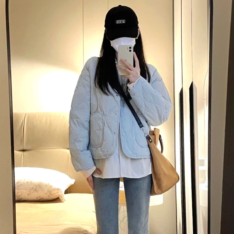 เสื้อแจ็กเก็ตกันหนาว แบบบาง ทรงหลวม ตัวสั้น ลายตาราง สีฟ้า แฟชั่นฤดูหนาว สําหรับผู้หญิง