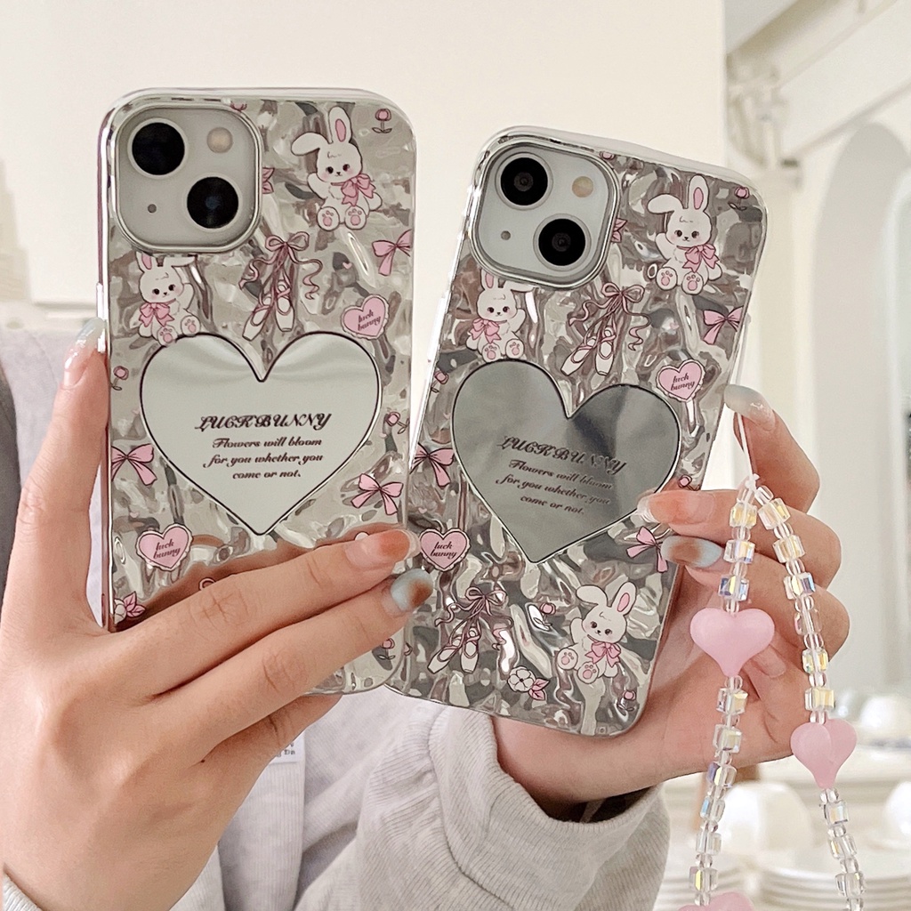 เคสโทรศัพท์มือถือ TPU นิ่ม กันกระแทก กันตก ป้องกัน ลายกระต่าย ประดับโบว์ สีม่วง พร้อมสายโซ่ สําหรับ iphone 11 12 13 14 15 Pro Max