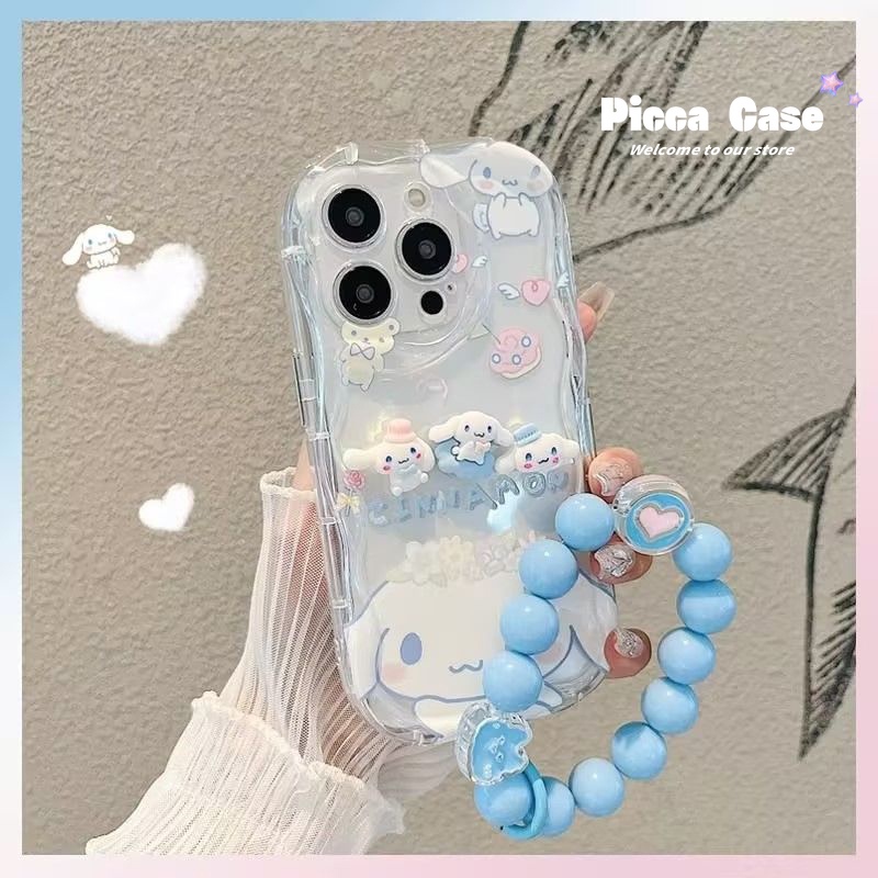 เคสโทรศัพท์มือถือ ขอบโค้ง ลายตุ๊กตาหมี Cinnamon 3D น่ารัก พร้อมสายคล้องมือ สีฟ้า สําหรับ IPhone 11 15 13 14 12 Pro MAX XR X 15 6S 6 7 8 Plus XS MAX SE 2020