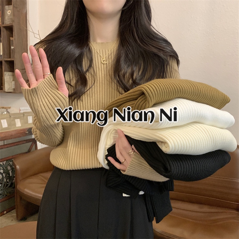 Xiang Nian Ni เสื้อแขนยาว คอกลม ทรงสลิมฟิต สีพื้น สไตล์เกาหลี สําหรับผู้หญิง
