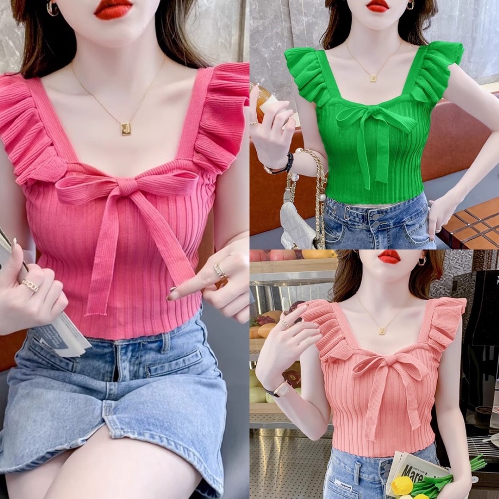 FC พร้อมส่ง เสื้อแฟชั่นไหมพรมร่อง แขนกุดระบาย อกผูกโบว์ 6 สี ทรงพอดีตัว