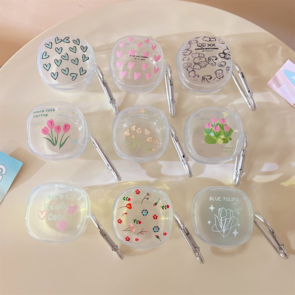 Baseus WM01 WM02 เคสป้องกัน ดอกไม้สดเล็กๆ น้อยๆ ใส นิ่ม TPU ป้องกันการชน หูฟัง พร้อมหัวเข็มขัดปีนเขา สีเงิน