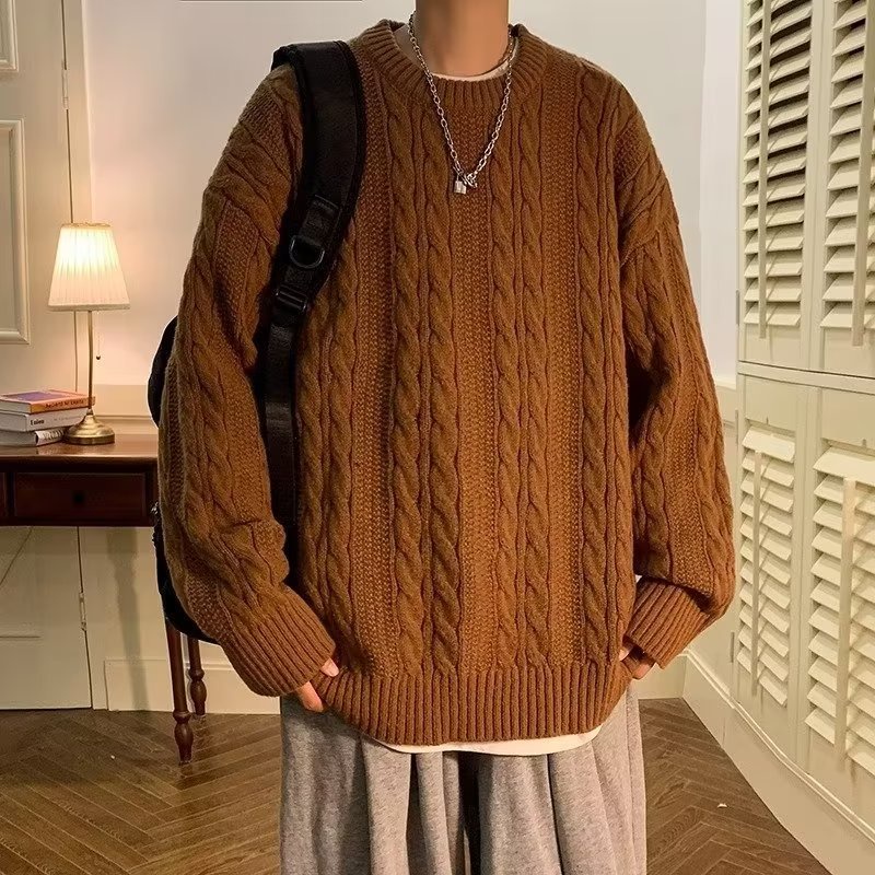 เสื้อกันหนาวลําลอง คอกลม ทรงหลวม สไตล์ฮ่องกง แฟชั่นฤดูใบไม้ร่วง และฤดูหนาว สําหรับผู้ชาย