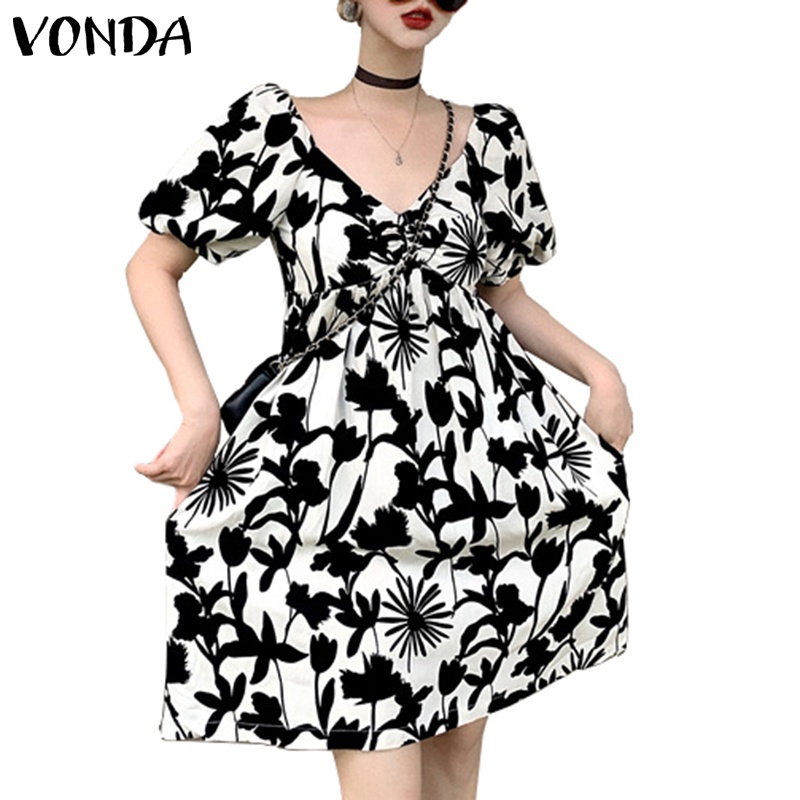 Vonda ชุดเดรสแขนพัฟ คอวี ลายดอกไม้ สไตล์เกาหลี สําหรับผู้หญิง