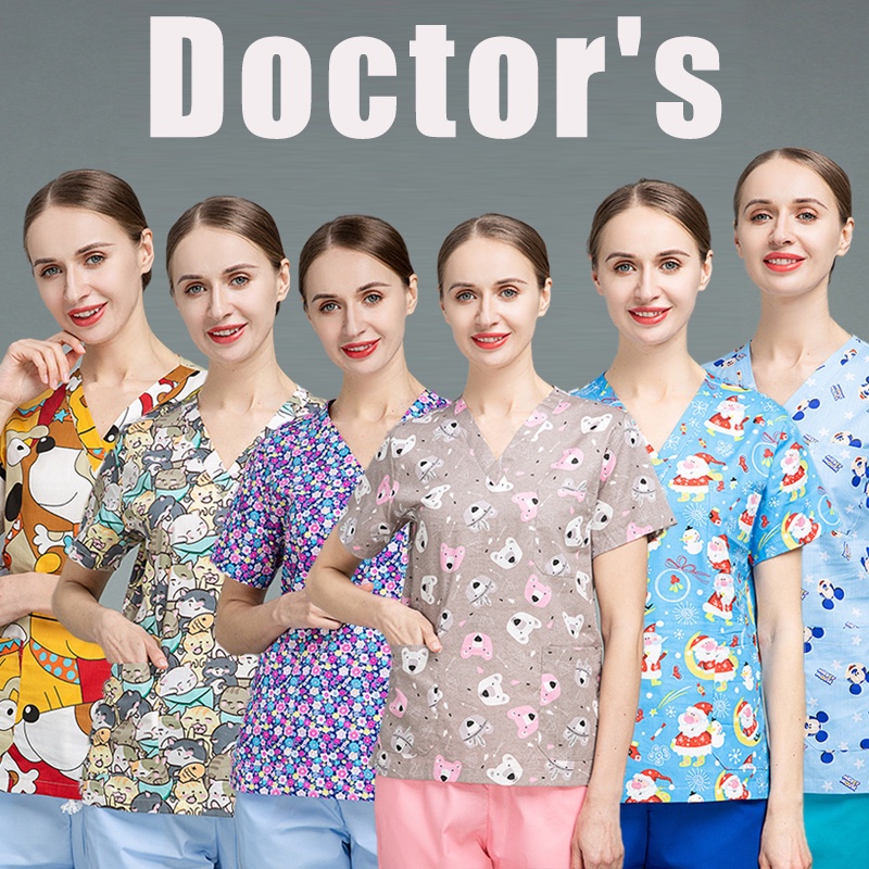 NiaaHinn เสื้อเท่านั้นการ์ตูน Veterinarian DoctorS Scrub ชุด Unisex แขนสั้นฤดูร้อนบางผ้าฝ้ายห้องผ่าตัดชุดทํางาน