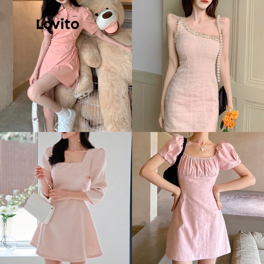 Lovito ชุดเดรส สีชมพู น่ารัก เซ็กซี่ สีทึบ สไตล์ลำลอง (สีชมพู)