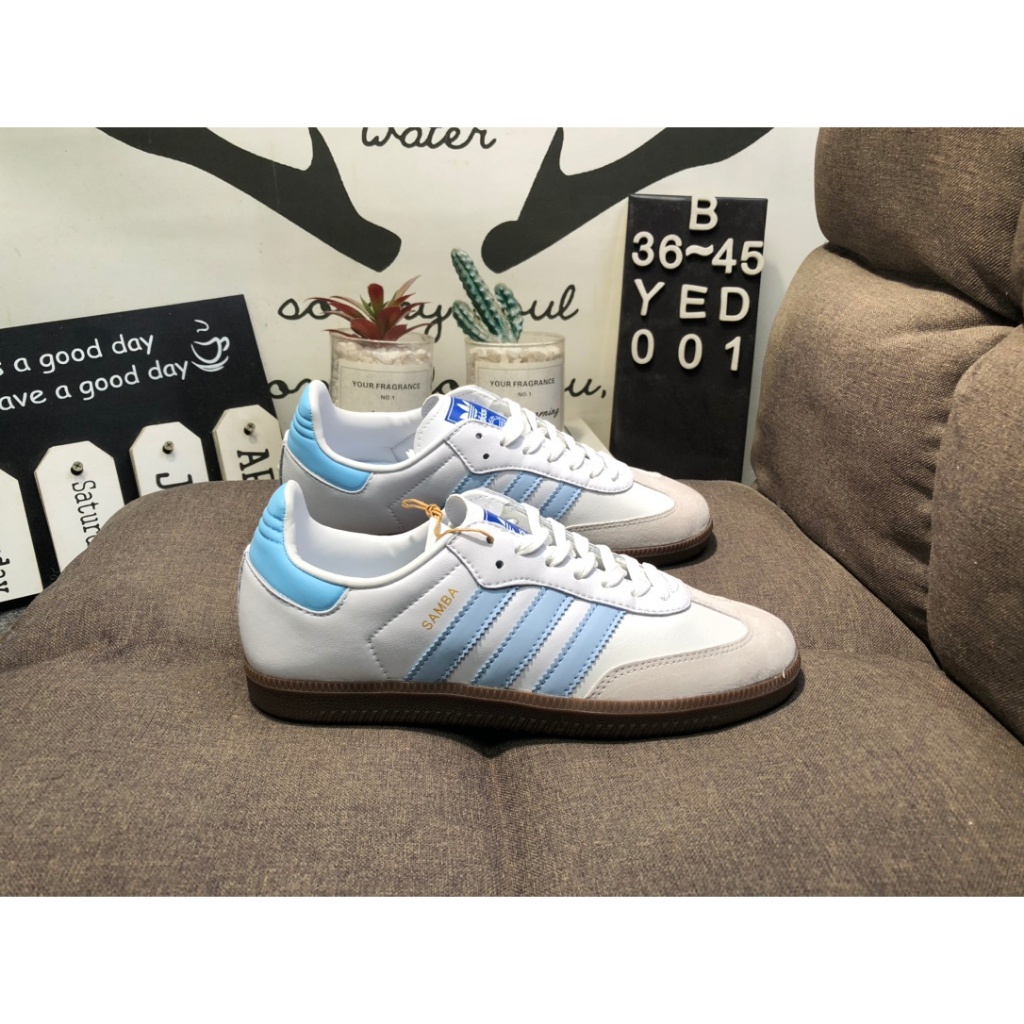 Authentic Adidas SAMBA OG White Blue Men's and women's casual flat bottomed fashionable skateboard s
