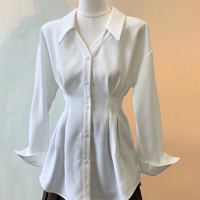 เสื้อเชิ้ตแขนยาว คอวี ผ้าชีฟอง สีขาว แฟชั่นฤดูใบไม้ผลิ และฤดูใบไม้ร่วง สไตล์ฝรั่งเศส สําหรับผู้หญิง