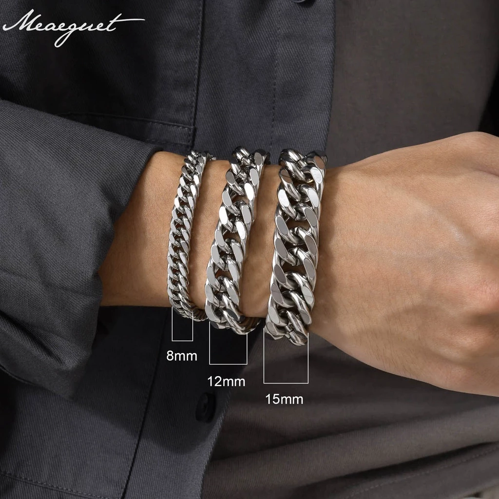 Meaeguet สร้อยข้อมือโซ่ สเตนเลส สีเงิน 8/10/12/15 มม.เครื่องประดับ สําหรับผู้ชาย เลทข้อมือผู้ชาย