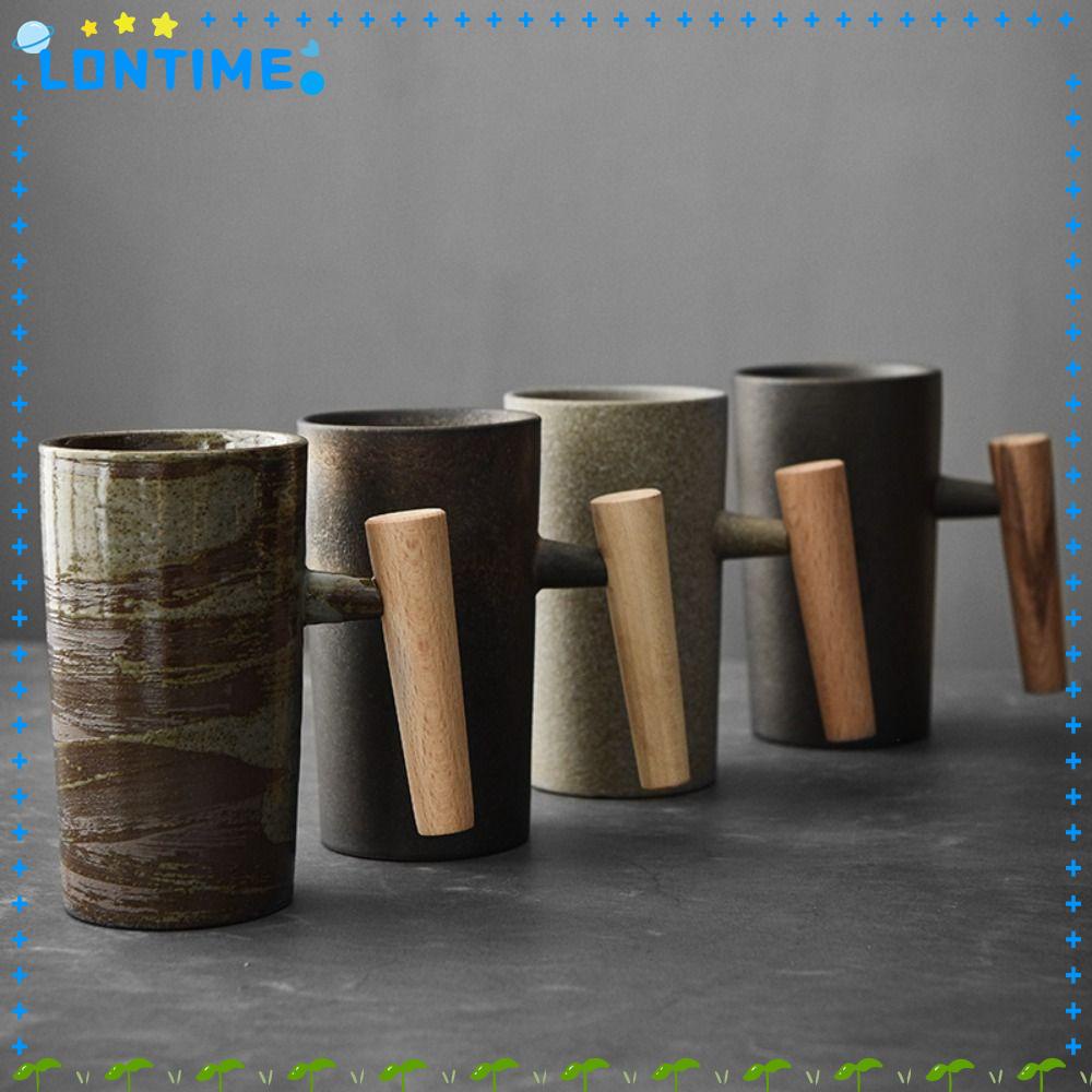 Lontime แก้วกาแฟเซรามิค ด้ามจับไม้ แฮนด์เมด สไตล์วินเทจ