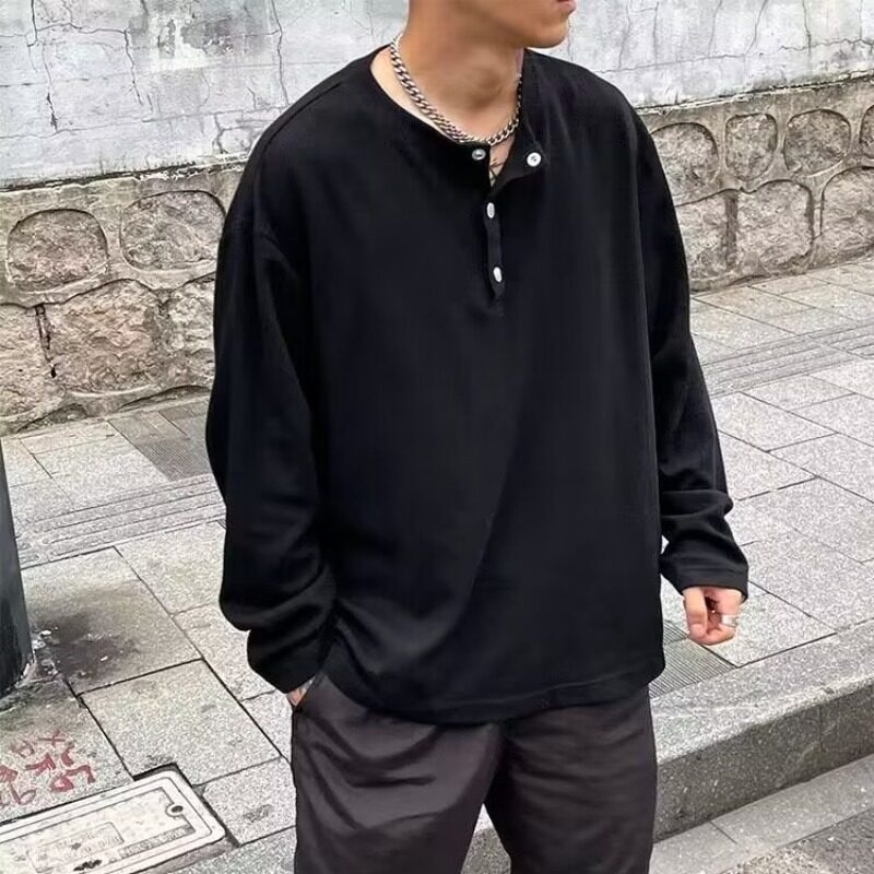 MNO.9 T-shirt long-Sleeve T54 เสื้อยืดผู้ชาย แขนยาว คอกระดุมแป๊ก ลำลองทรงหลวม เสื้อวินเทจ รูปที่ 3