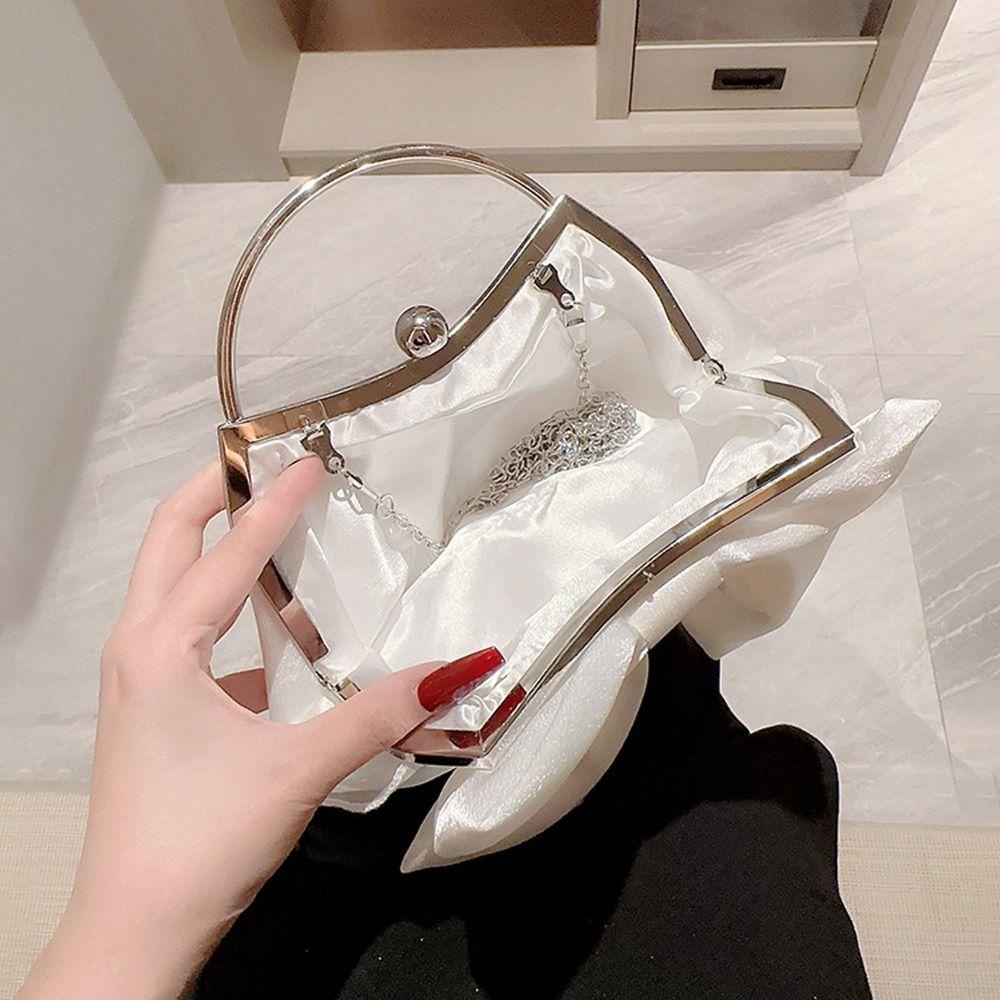Tonfashion กระเป๋าสะพายไหล่ กระเป๋าคลัทช์ ผ้าไหม ประดับโบว์ สีทอง หรูหรา เหมาะกับงานเลี้ยง งานแต่งงาน