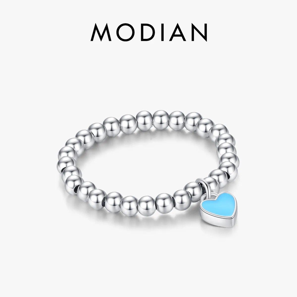MODIAN 925 เงินสเตอร์ลิงสีฟ้าเคลือบหัวใจ Love Minimalism ปรับลูกปัดแหวนอินเทรนด์ประณีตเครื่องประดับ Fine สําหรับผู้หญิงของขวัญ