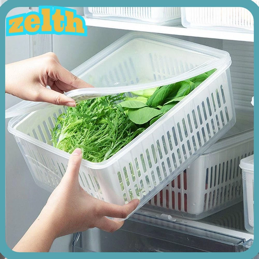 Zelth กล่องเก็บผัก ผลไม้ แบบใส ระบายน้ํา แบบพกพา สําหรับตู้เย็น