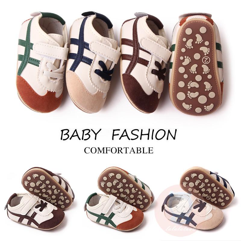 Laa6-infant Baby Contrast Color Stripe หนัง PU กันลื่น Prewalker First Walker รองเท้า
