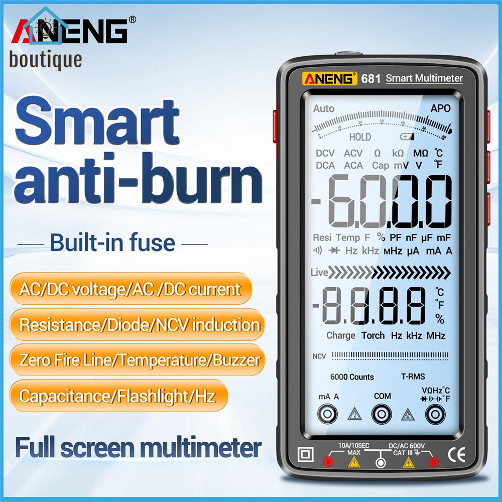 ANENG 681 สมาร์ทป้องกันการเผาไหม้แบบชาร์จไฟมัลติมิเตอร์ True RMS มัลติมิเตอร์ Hz โอห์มไดโอดมิเตอร์