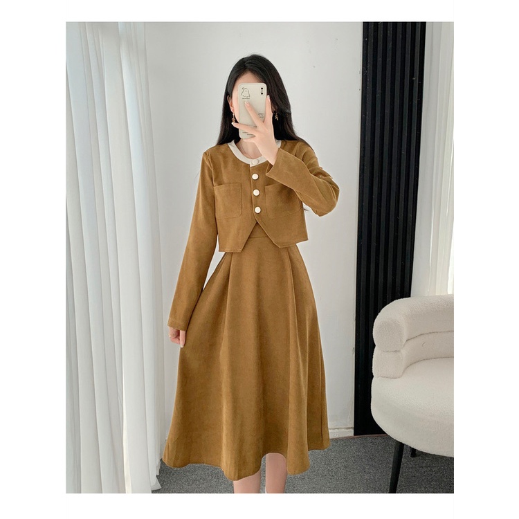 เสื้อแจ็กเก็ตคาร์ดิแกน ความยาวปานกลาง และชุดเดรส แฟชั่นฤดูใบไม้ร่วง และฤดูหนาว สไตล์เกาหลี สําหรับผู้หญิง