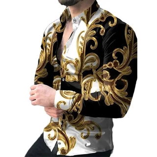 หรูหราสังคมผู้ชายเปิดลงปกปุ่มเสื้อลําลองบาร็อคพิมพ์เสื้อแขนยาวบุรุษเสื้อผ้าพรหมคาร์ดิแกน