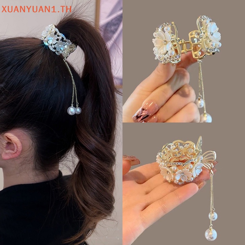 Xuan กิ๊บติดผมหางม้า ประดับไข่มุก พลอยเทียม ดอกไม้ เครื่องประดับแฟชั่น สําหรับผู้หญิง