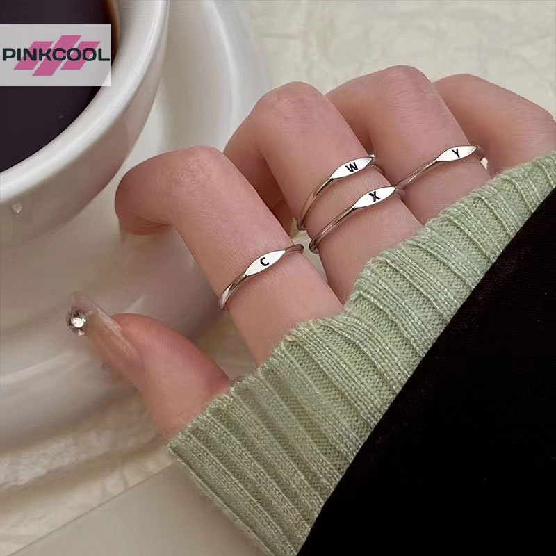 Pinkcool แหวนเงิน ลายตัวอักษร A-Z 26 ตัว เครื่องประดับแฟชั่นเกาหลี สําหรับผู้ชาย และผู้หญิง