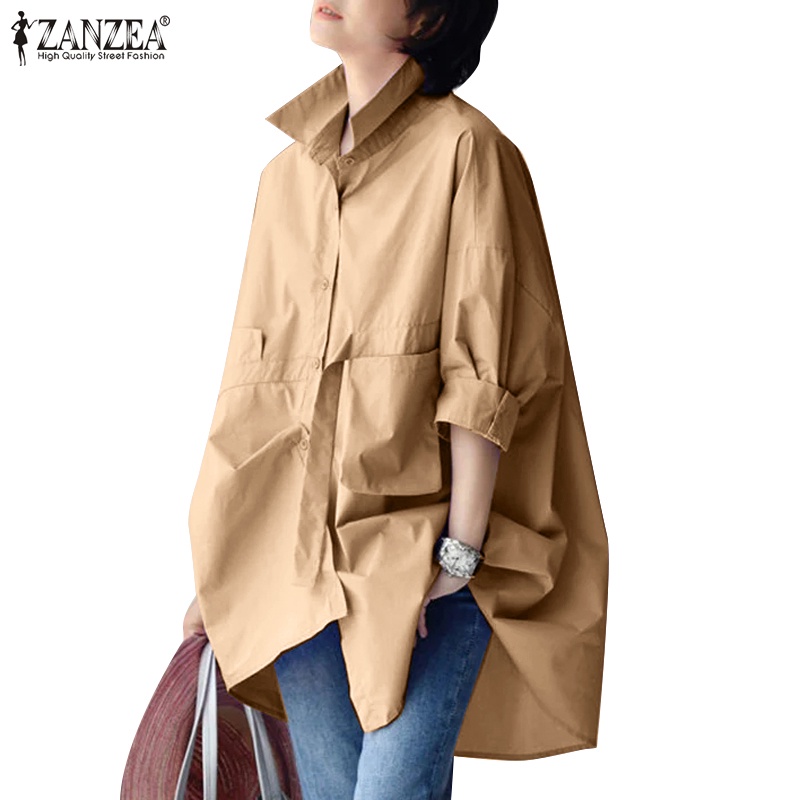 Zanzea เสื้อเชิ้ตแขน 3/4 ลําลอง ทรงหลวม แต่งกระดุม สีพื้น สําหรับผู้หญิง