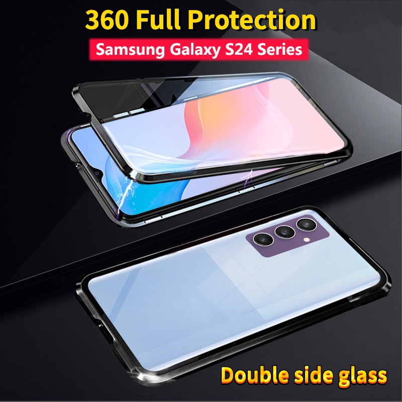 เคสโทรศัพท์มือถือแบบแก้ว ใส สองด้าน แม่เหล็ก 360 องศา สําหรับ Samsung Galaxy S24 S23 Ultra Plus S23 FE