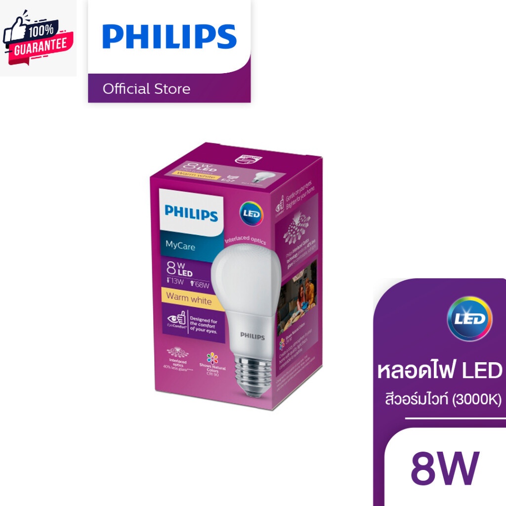 Philips Lighting หลอด LED PHILIPS 8 วัตต์ Warm WHITE E27 3000K