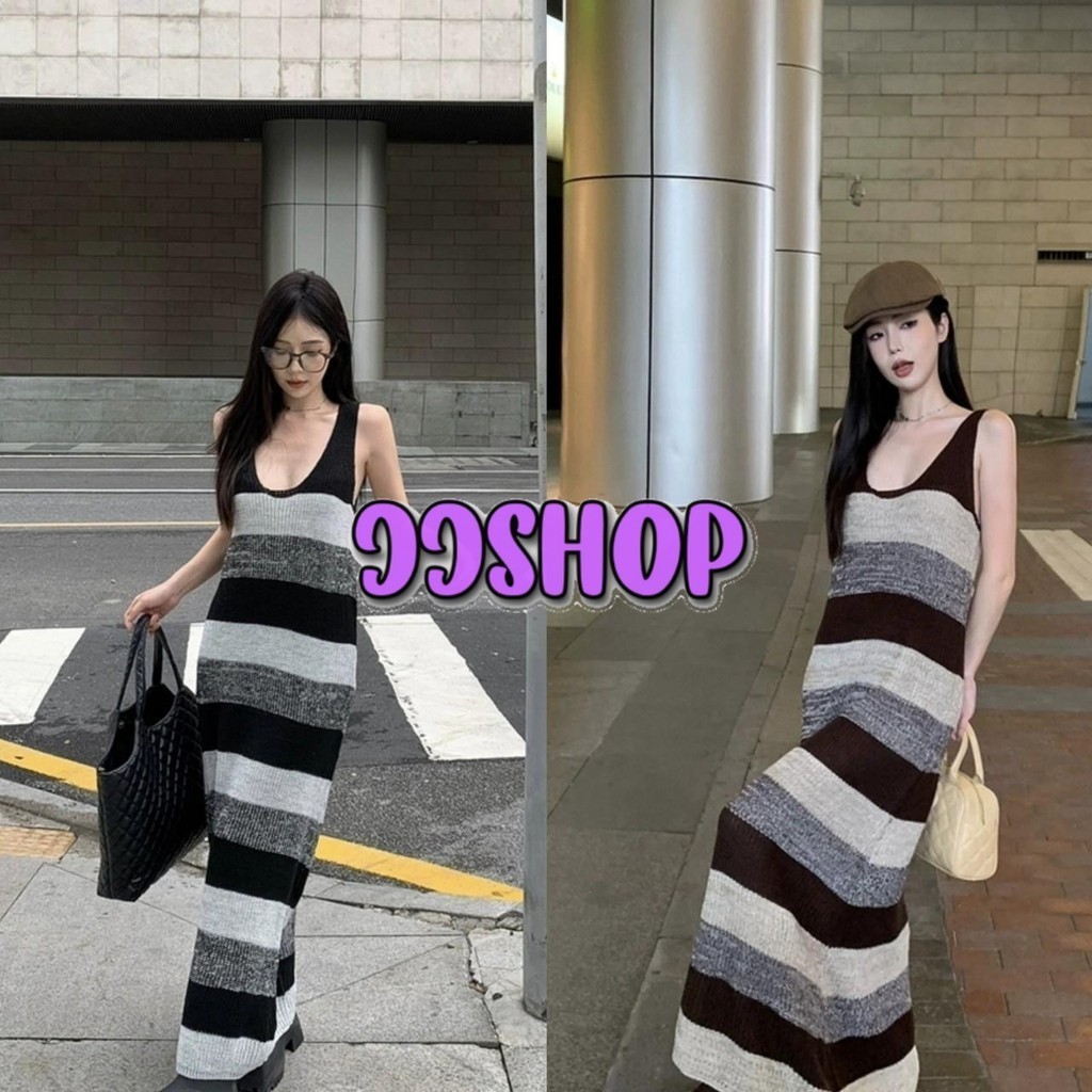 JJ Shop​ ​พร้อมส่ง ชุดเดรสไหมพรม แขนกุด กระโปรงยาว ดีเทลลายทางใหญ่ "BKHY229" -C