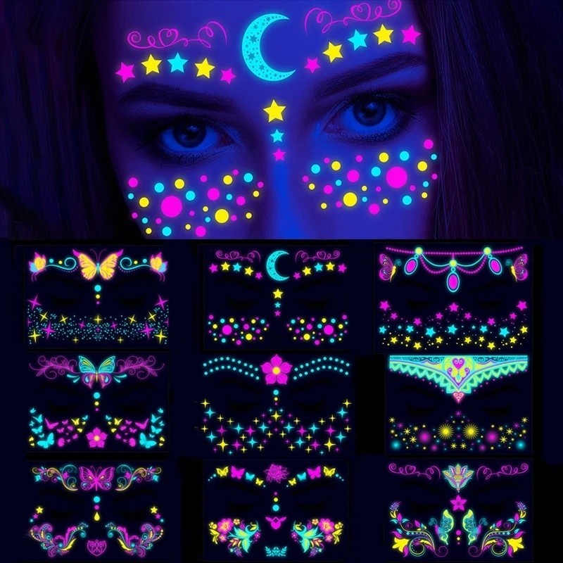 สติกเกอร์รอยสักชั่วคราว พิมพ์ลายผีเสื้อ และดอกกุหลาบ สีนีออน สําหรับตกแต่งใบหน้า DIY