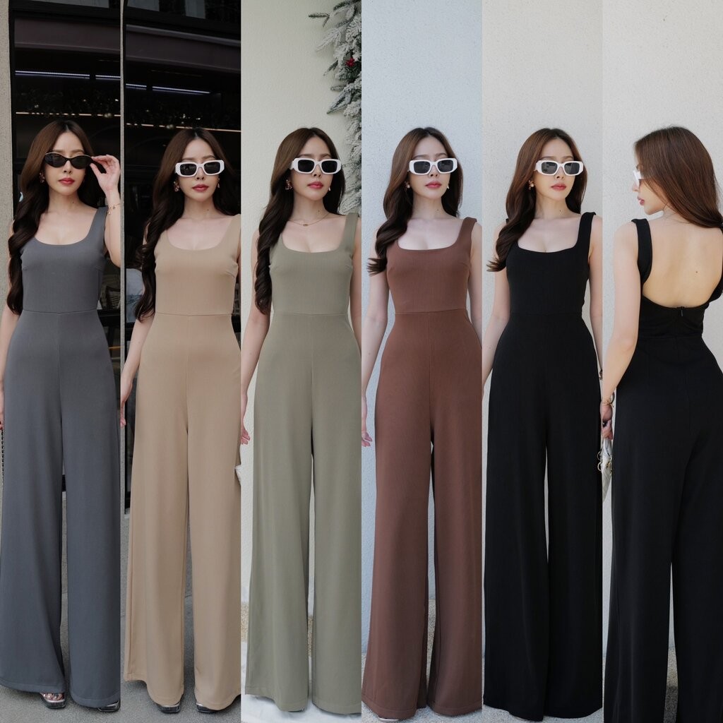 #9750 HILOOK จั้มยาวคอเหลี่ยมกล้าม เว้าหลัง ผ้าร่องยืด ช่วงเสื้อ2ชั้น ชิปหลัง