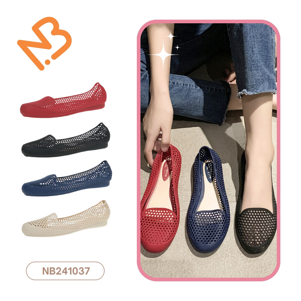รองเท้าคัชชูยาง แต่งลายฉลุรังผึ้ง ทรงเท้าเรียวสวย 4 สี ไซส์ 36-40