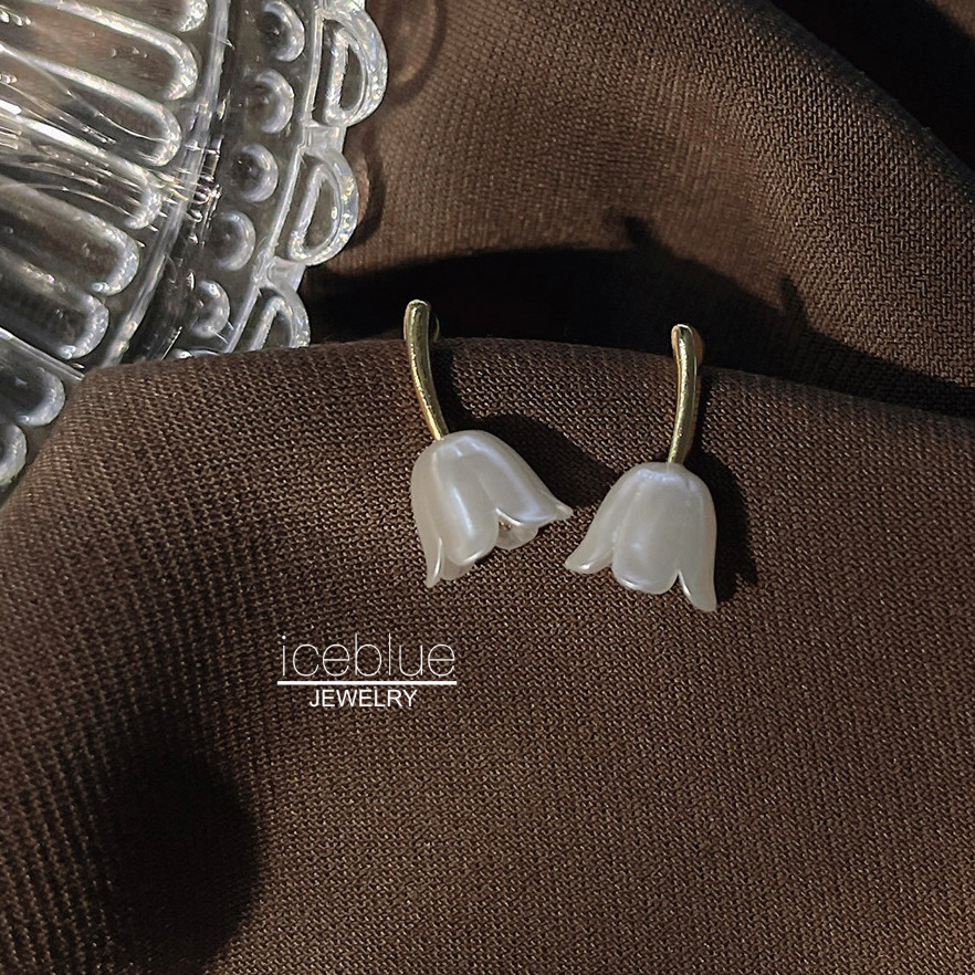 【iceblue】ต่างหูแท่งลายดอกทิวลิปเงิน 925 ชุบทอง 14K ไม่หมองสนิม สำหรับผู้หญิง E72