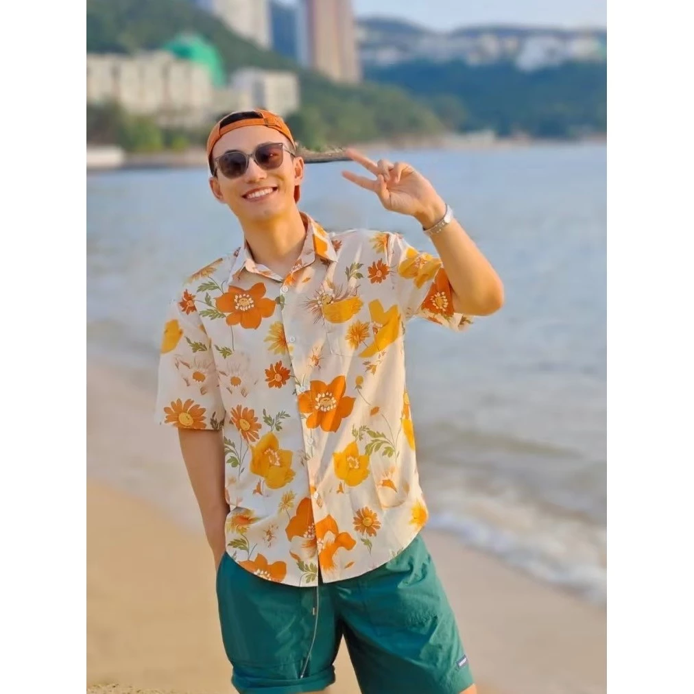 เสื้อสงกรานต์ผู้ชาย ฮาวาย แขนสั้น ผ้าไหมอิตาลี ลายดอก #3009 thumbnail 9